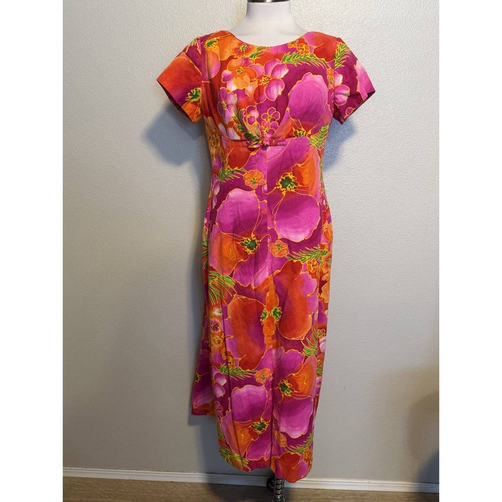 VTG 60s ALICE California Hawaiian Maxi Dress Watteau Barkcloth Polynesian Floral